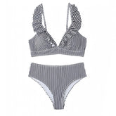 Black & White Striped Ruffle Trim 2 Piece Triangle Bikini Set
